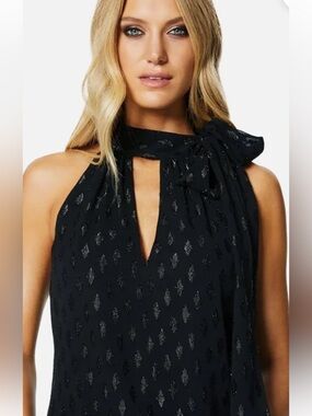 Ramy Brooks Black Metallic Accent Halter Tie Neck Women's Top